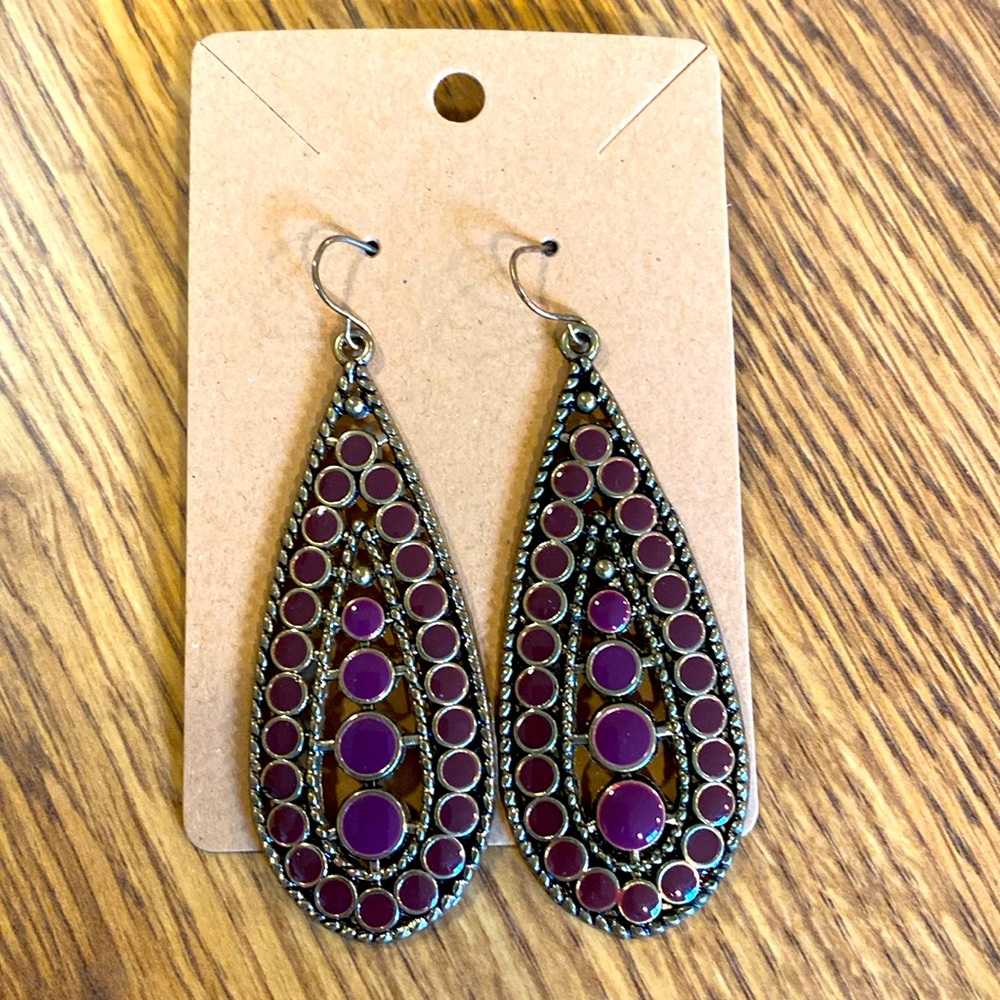 Earrings, antique brass with purple inlay